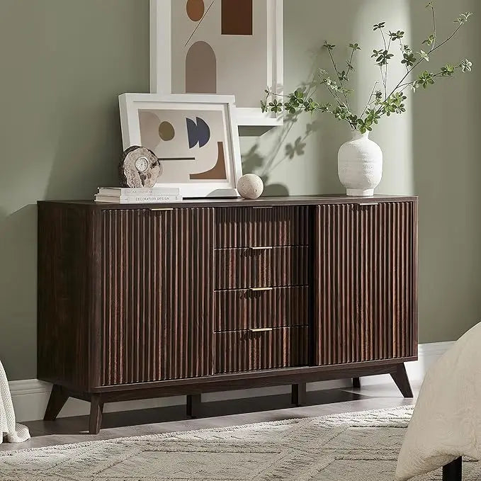 60" Fluted Dresser with Sliding Doors and 4 Drawers, Modern Chest w/Faux Marble Top, Curved Profile Design, Dresser