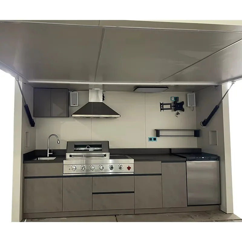 Custom Modern Outdoor Kitchen for Furniture Pool House with Stainless Steel Kitchen Cabinet for Gas BBQ Grill with Shed