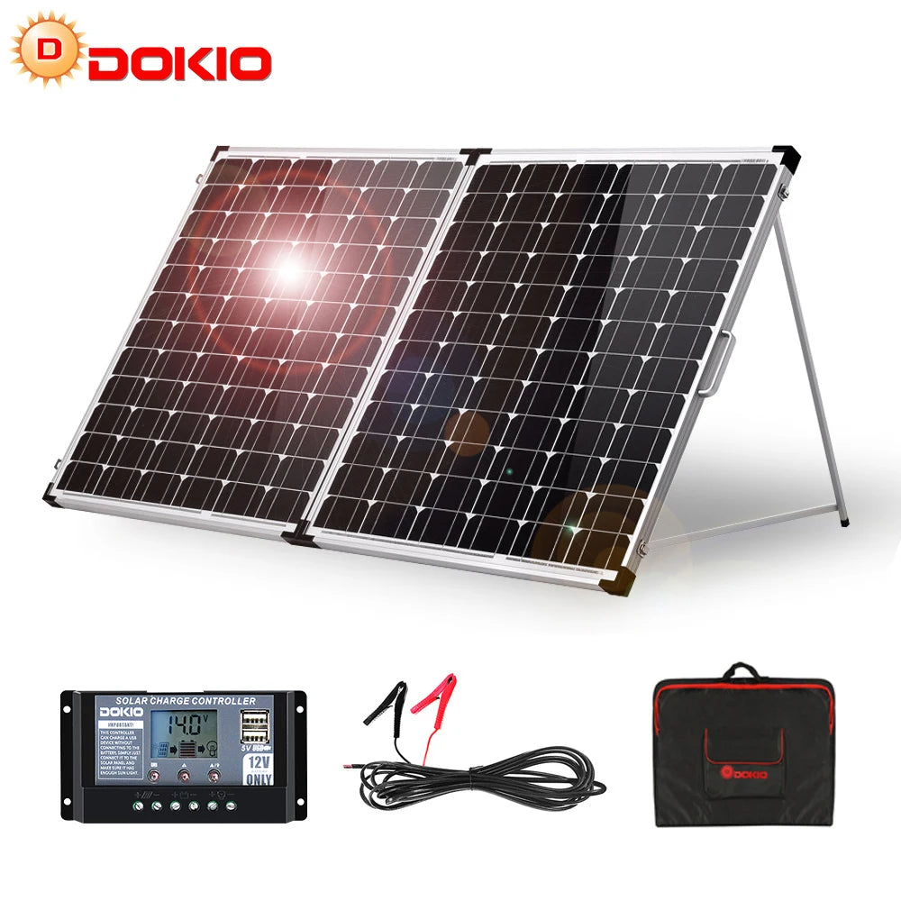 DOKIO 100W/160w/200w 18V Glass Folding Monocrystalline Waterproof Solar Panel with 12V Controller Kit from China