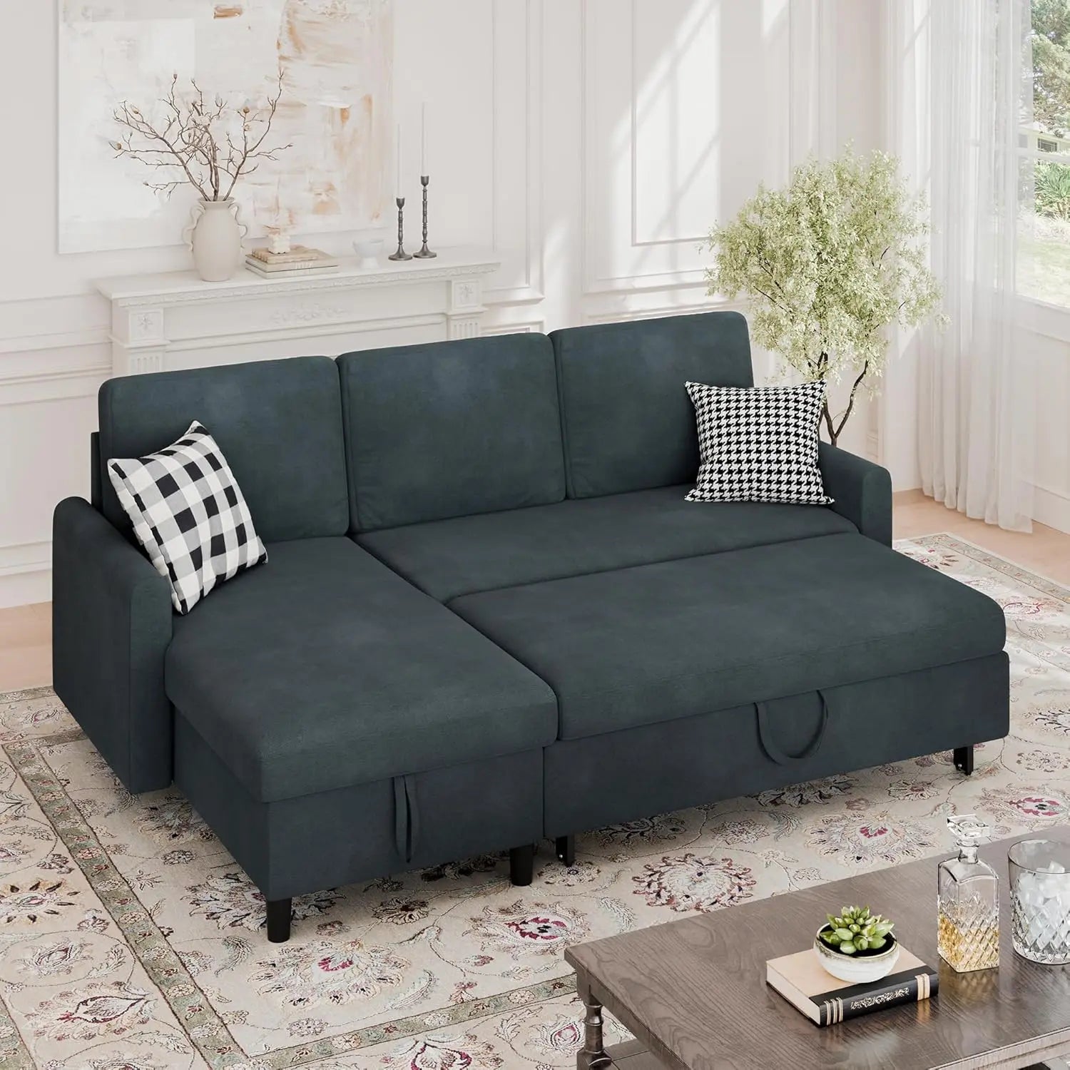 Walsunny L-Shaped Sectional Sleeper Sofa | Pull-Out Bed with Storage, Reversible Design
