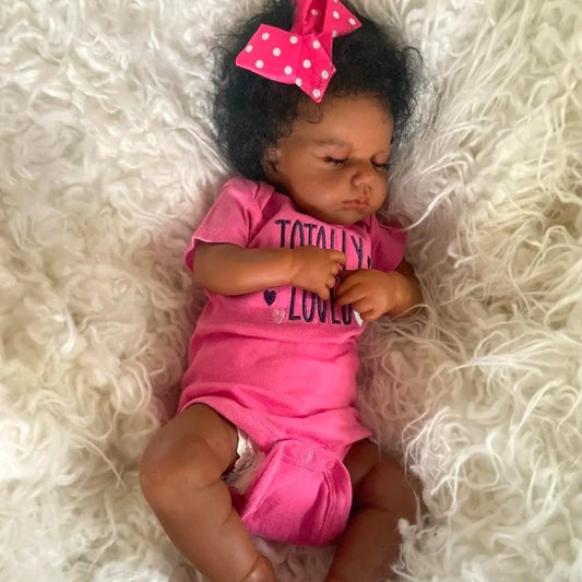 50 CM Finished Reborn Baby Doll LouLou Sleeping African American Girl Newborn Dark Skin Soft Hand-Rooted Hair Christmas Gift Toy