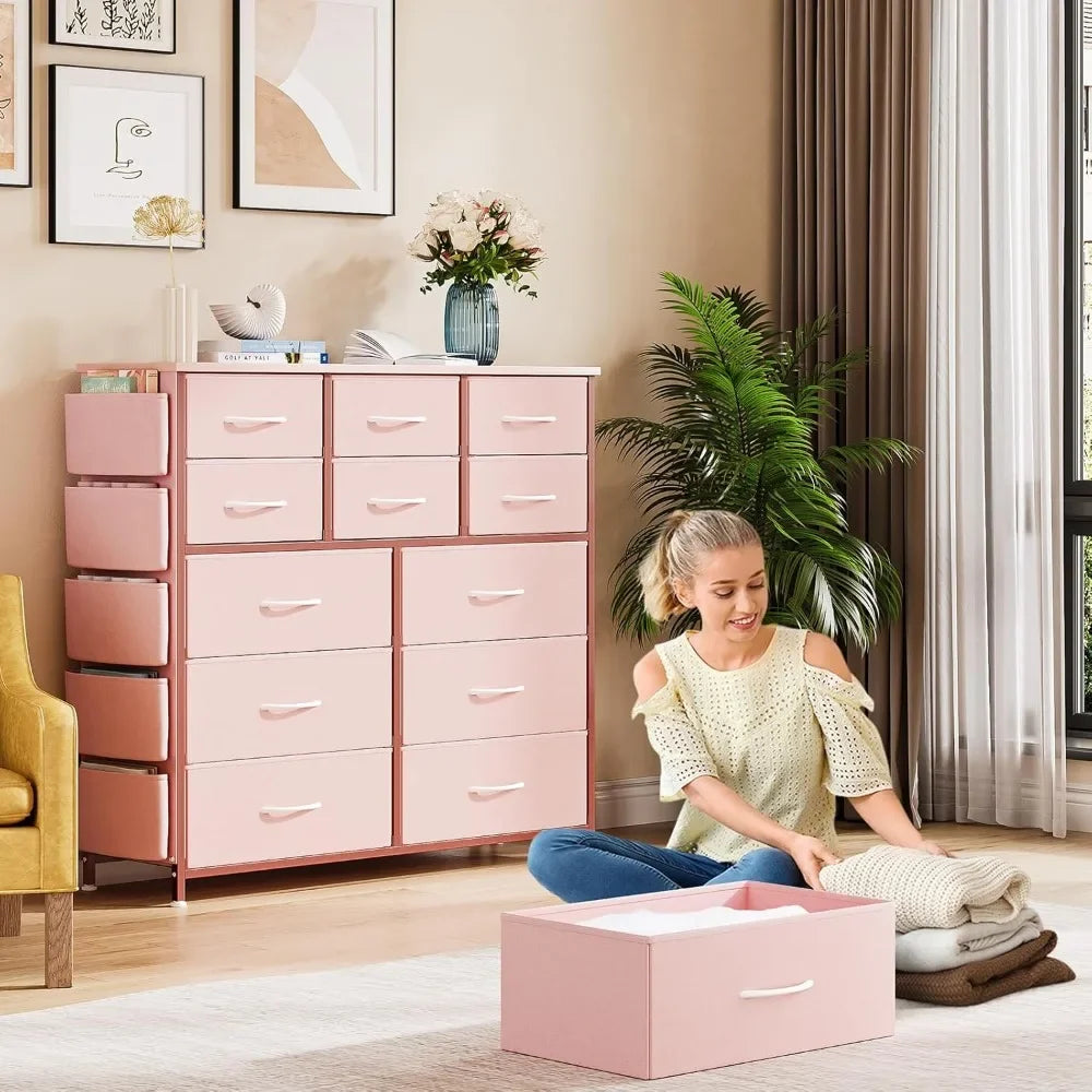 12 Dresser for Bedroom, Chest of Drawers for Bedroom with Side Pockets and Hooks, Fabric Storage Dresser, Sturdy Steel Frame