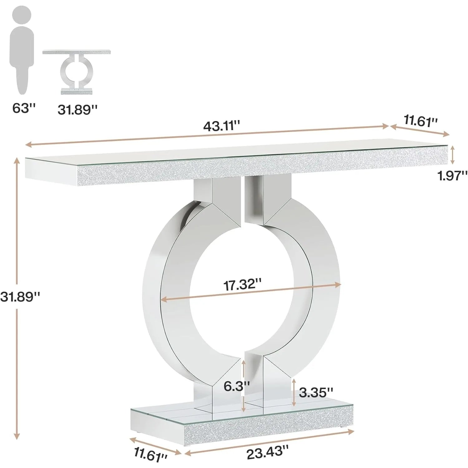 Mirrored Console Table with O-Shaped Base, Entryway Table Glass Sofa Table with Mirror Finish, Rectangle Accent Foyer Table