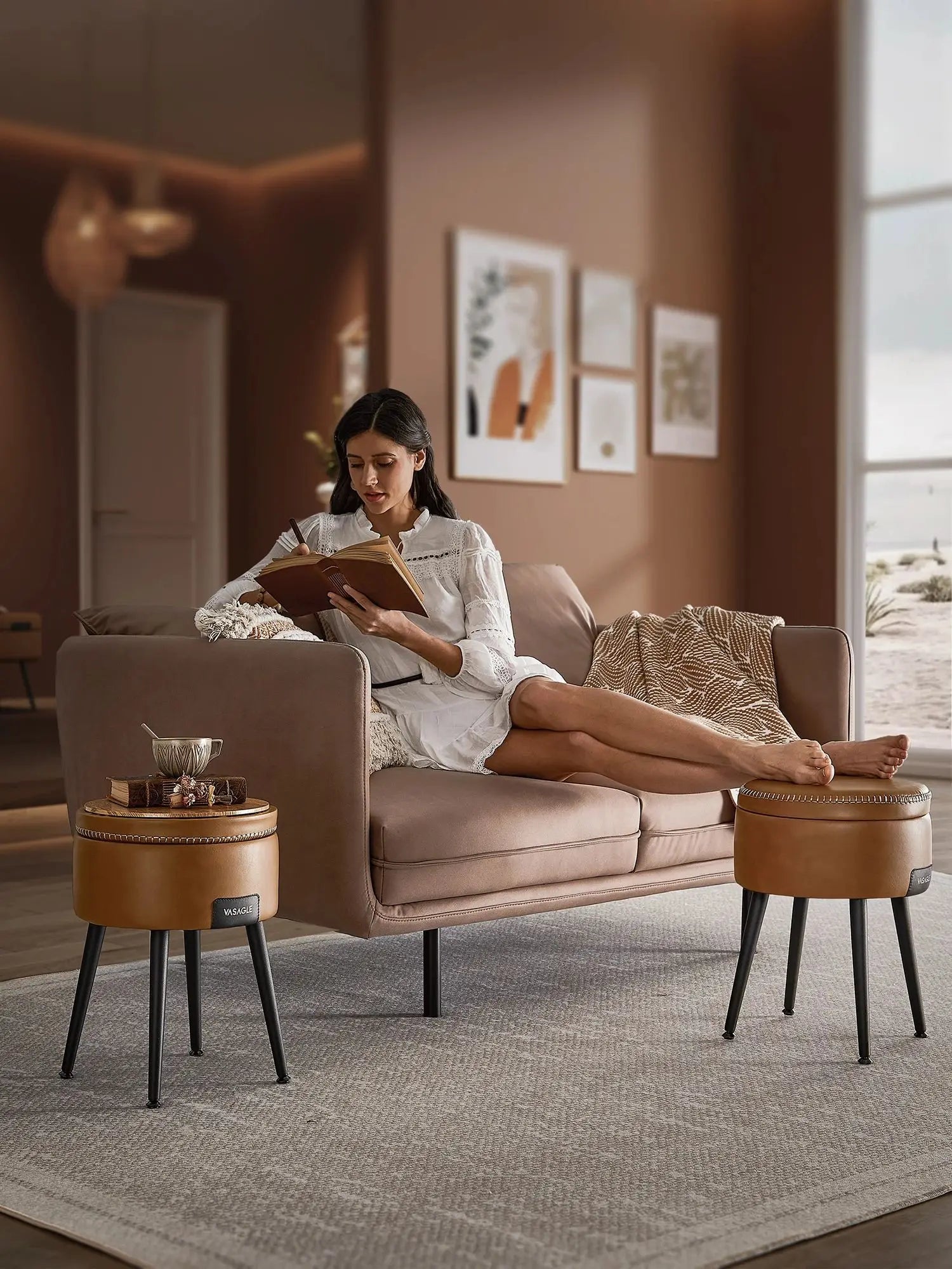VASAGLE EKHO Collection - Storage Ottoman, Dressing Table Stool, Synthetic Leather with Stitching and steel Legs, Loads 150