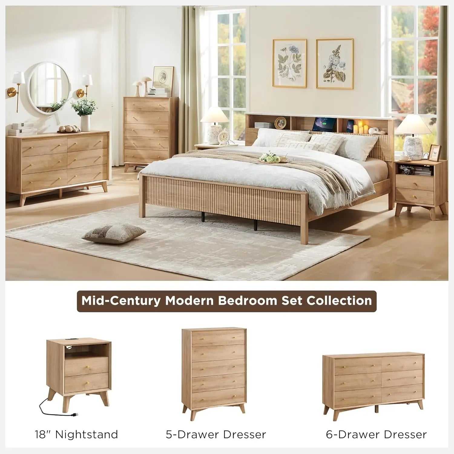 6 Drawer Dresser, 54" Wide Mid Century Modern Chest of Drawers, Beveled Profile Design, Wood Drawer Organizer for Bedroom