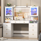 61.7" Large Vanity Desk with Mirror and Lights, Makeup Vanity with Charging Station, Sliding Drawers, 2 Cabinets with Glass Door