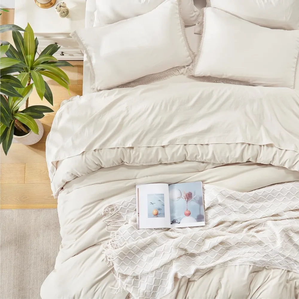 Comforter Set King Size, with Sheets 7 Pieces Boho Tassel Bed in a Bag Soft Lightweight Bedding Sets, All Season Fringe Bed Set