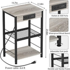 3-Tier Nightstands with Charging Station, End Side Table Bedside Table Furniture
