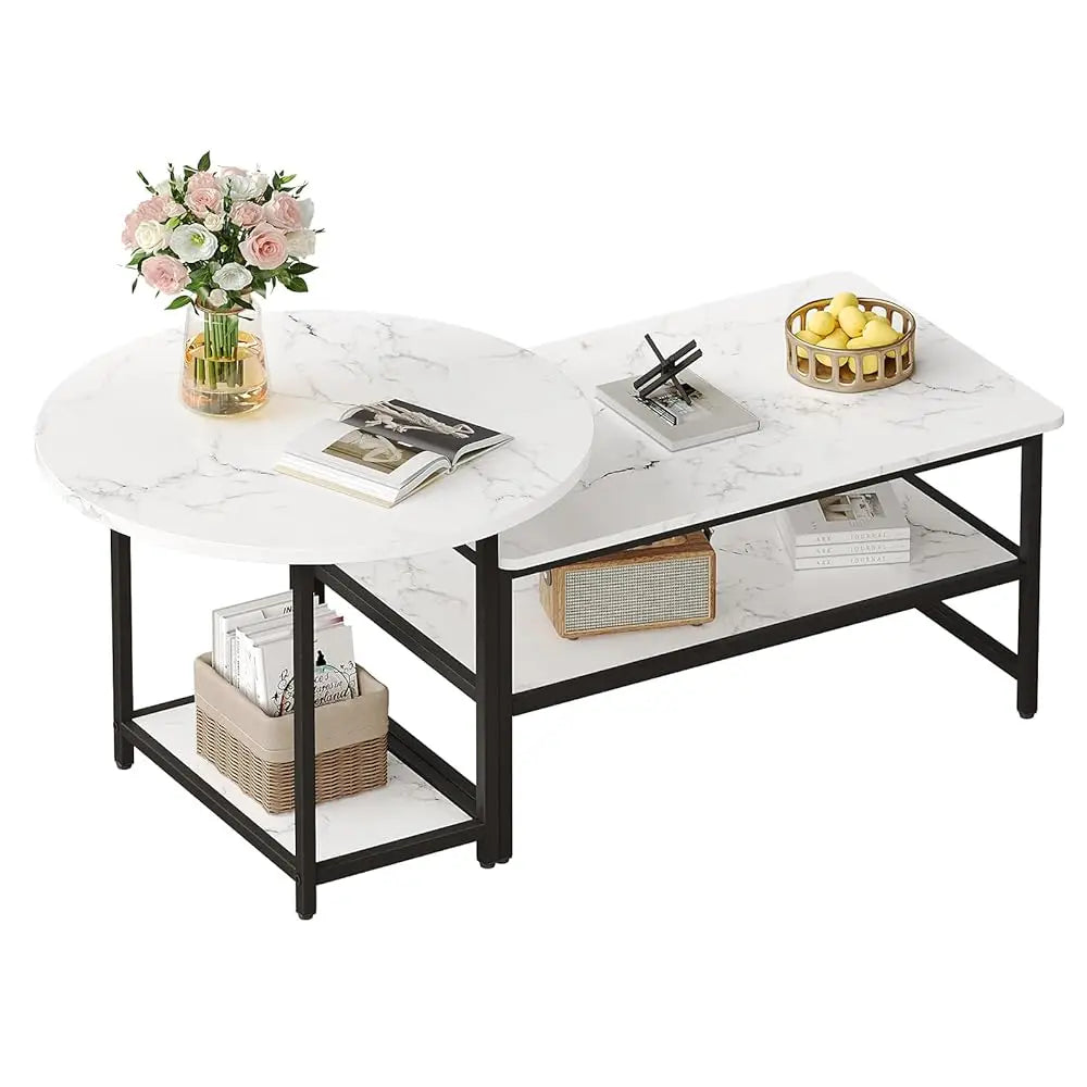 Coffee Table, White Modern Coffee Tables For Living Room, Detachable 2 Small Coffee Tables, Faux White Marble