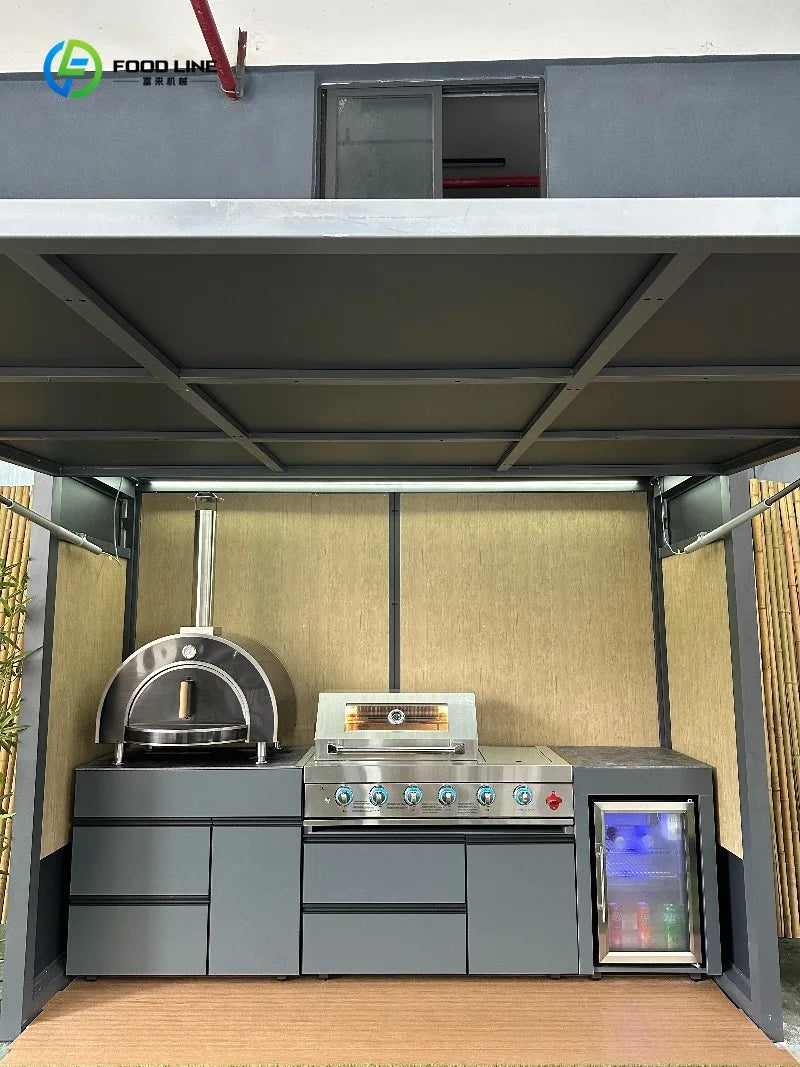 Premium Weatherproof Outdoor Kitchen Set  Stainless Steel Grills Sink and Fridge Cabinets & Custom Aluminum Pavilion