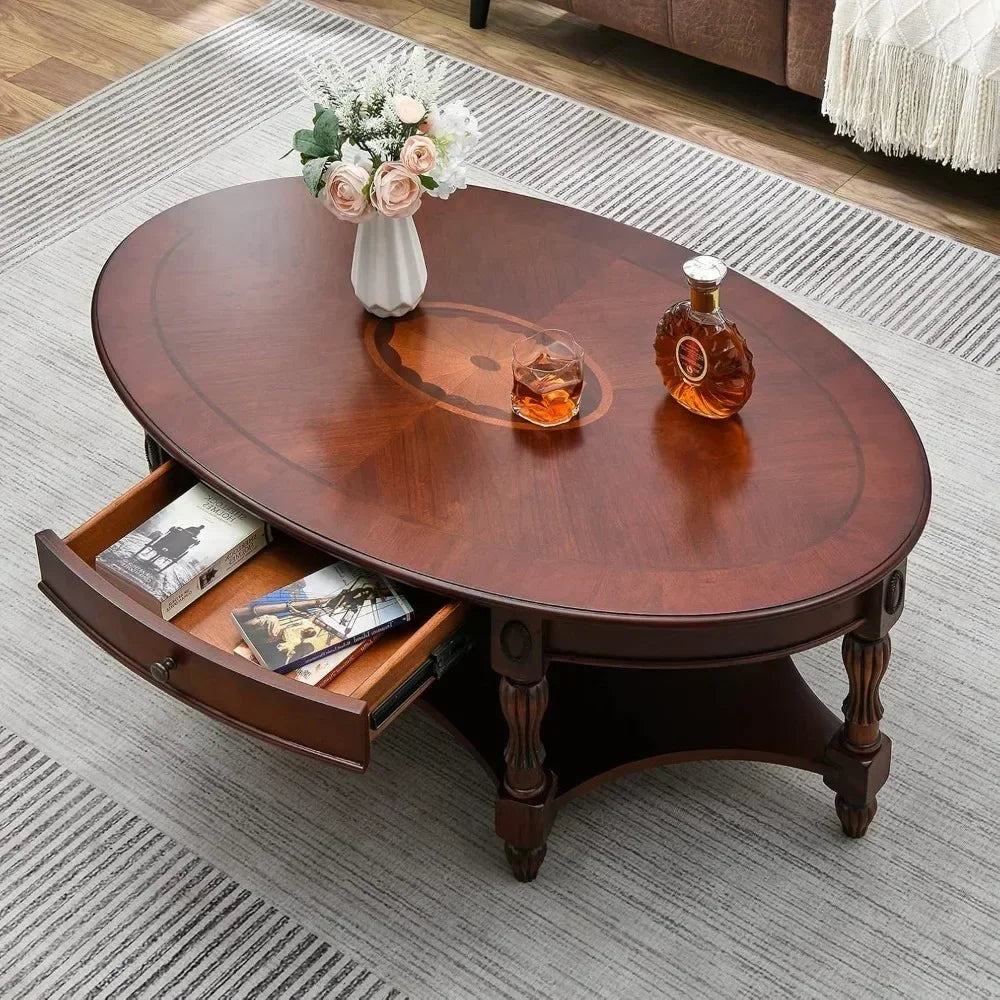 Solid Wood Coffee Table with Drawer and Storage Shelf, Traditional Living Room Cocktail Tea, Oval Center Carvings Side Vintage