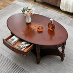 Solid Wood Coffee Table with Drawer and Storage Shelf, Traditional Living Room Cocktail Tea, Oval Center Carvings Side Vintage