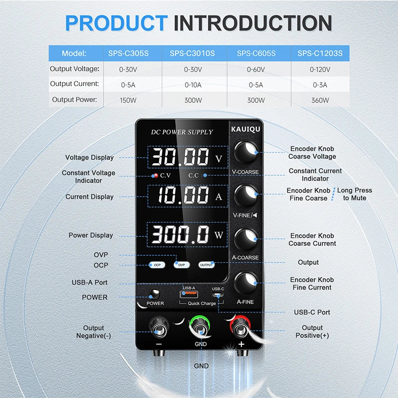 KUAIQU 2024 Newest OCP OVP DC Adjustable Laboratory Power Supply 30V 10A 5A Output Switch USB-A TYPE-C Port Fast Charging 120V