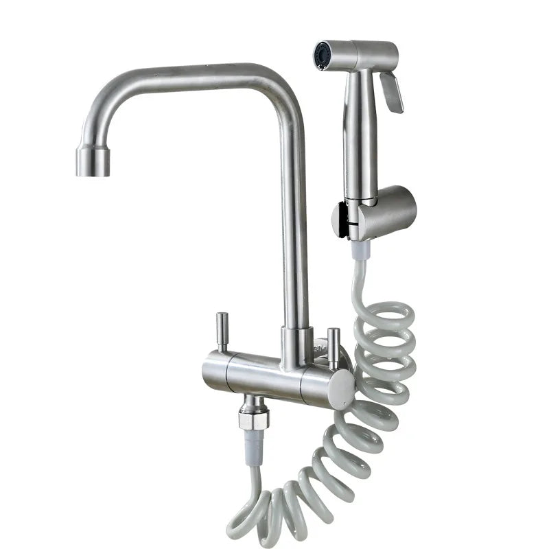 Wall Mounted Kitchen Faucet Stainless Steel Cold Water Tap Quick Open Balcony Laundry Pool Tap with Sprayer Bidet Shower Nozzle