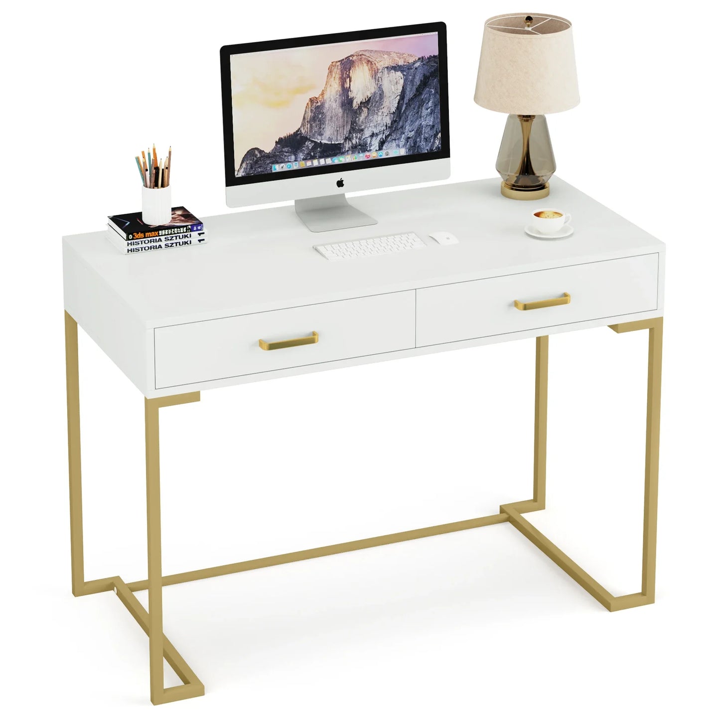 Tribesigns Vanity Desk with 2 Drawers,White and Gold Small Makeup Vanity,Modern Vanity Table Dressing Desk for Women Girls Gift