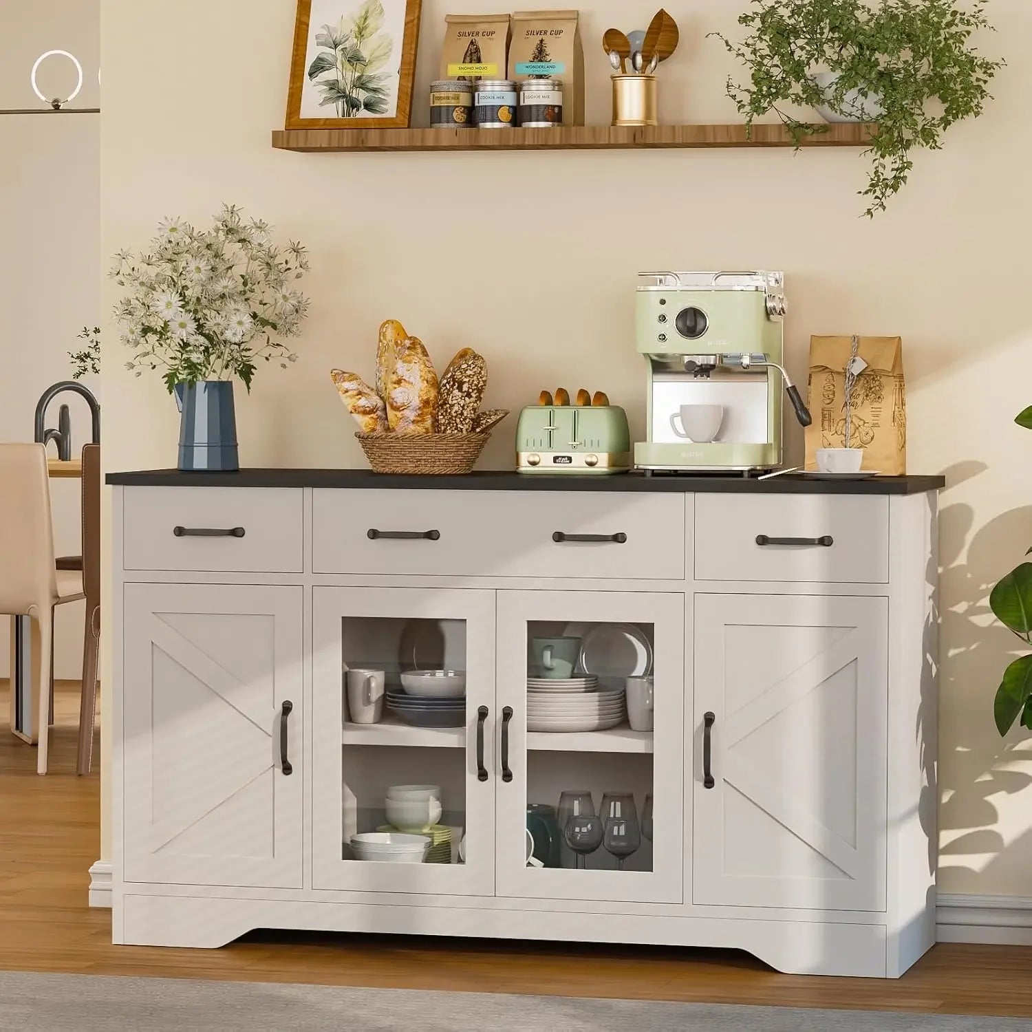 Sideboard Buffet Cabinet with Storage, 55" Kitchen Coffee Bar Cabinet with 3 Drawers & Glass Doors, Farmhouse Sideboard Buffet