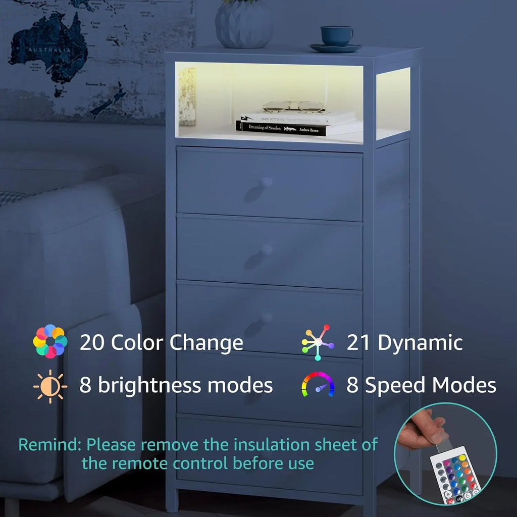 White Dresser with 5 Drawers Tall Nightstand with Charging Station and LED Light, Bedside Table Room Storage Drawers Closet