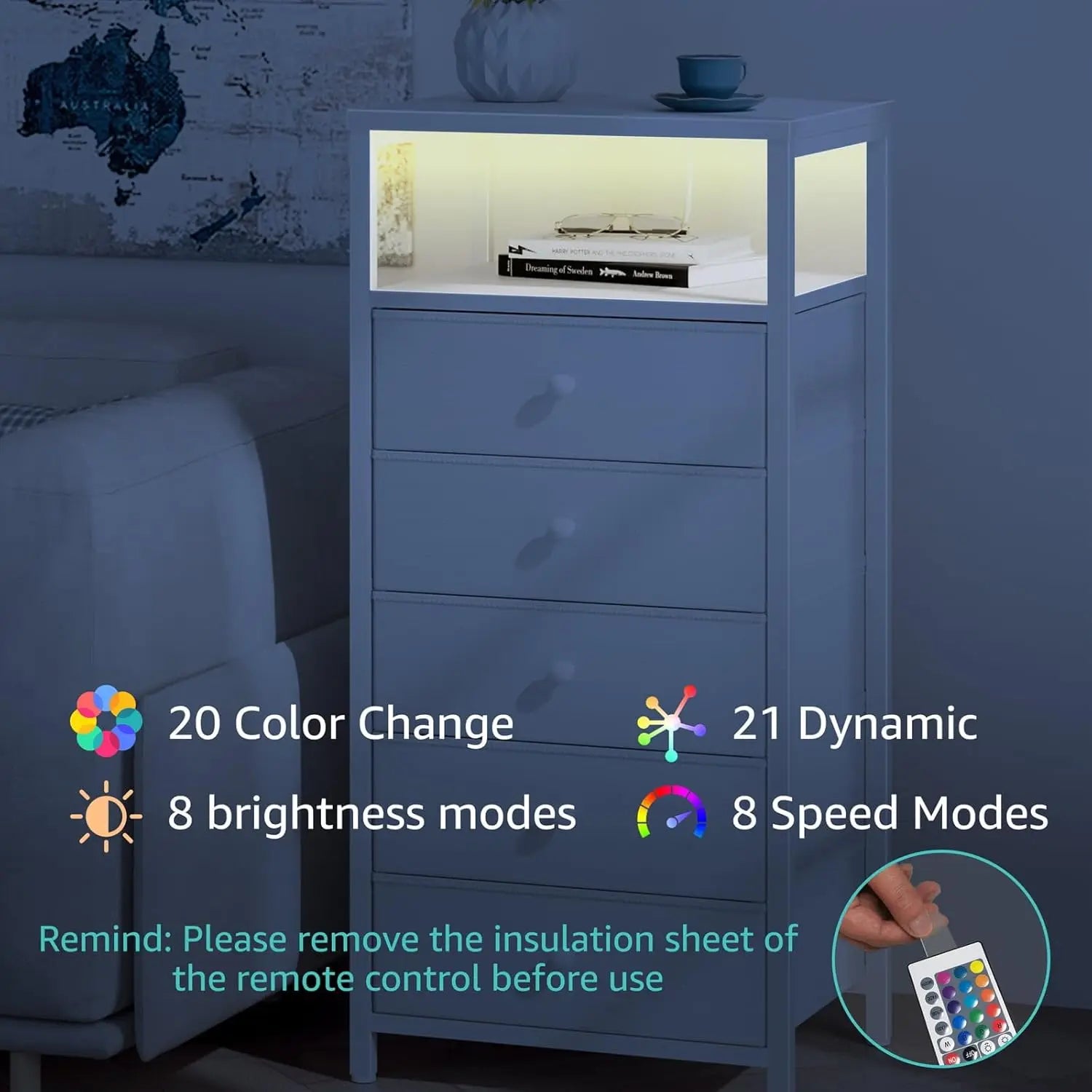 White Dresser with 5 Drawers Tall Nightstand with Charging Station and LED Light, Bedside Table Room Storage Drawers Closet