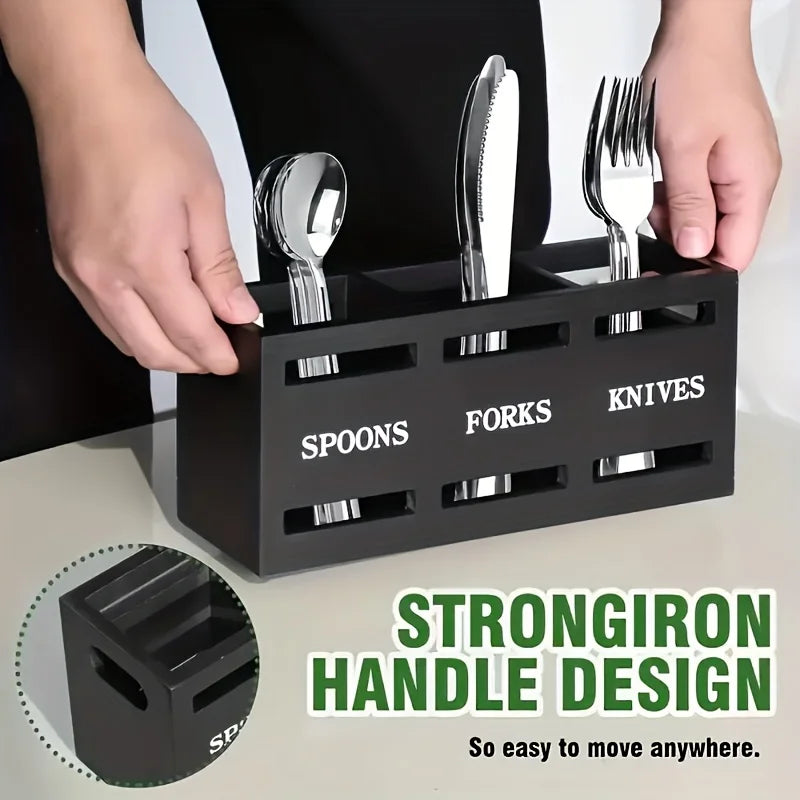 Wooden Silverware Utensil Holder with 3 Compartments, Kitchen Countertop Cutlery Organizer, Each Kitchen Chopstick and Spoon Org