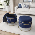 Elegant Velvet Round Ottoman With Gold Frame And Storage (Blue)