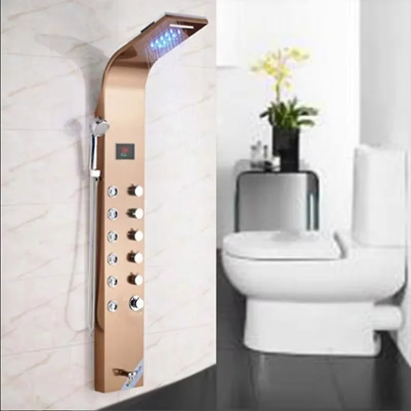 Gold Shower Panel LED Light Bathroom Six Functions Shower Column Tower Digital Screen Waterfall Shower Massage Spa Jets Tub