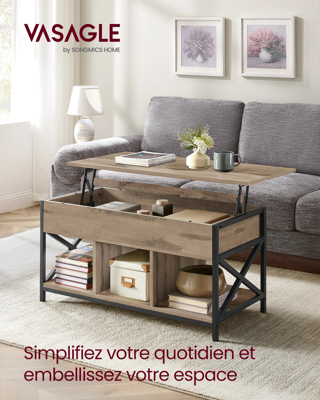 Coffee Table, Lift-Up Coffee Table, Steel Frame, 50 x 100 x (46.5-62) cm, Camel Brown and Black