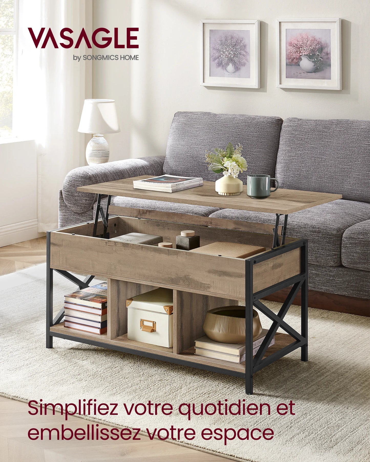 Coffee Table, Lift-Up Coffee Table, Steel Frame, 50 x 100 x (46.5-62) cm, Camel Brown and Black