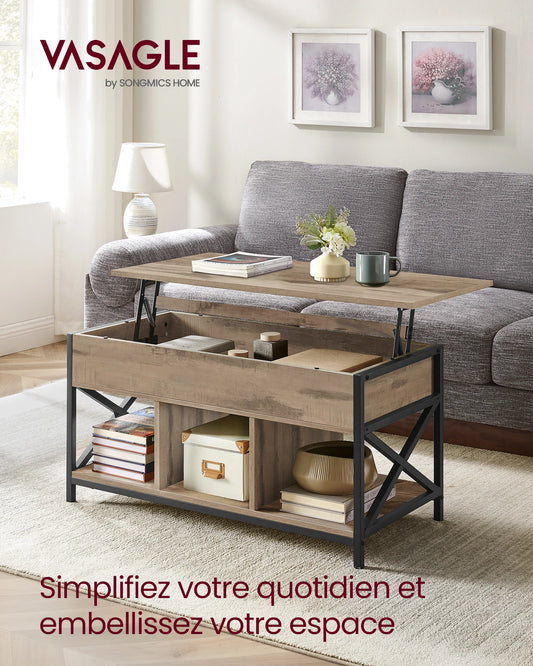 Coffee Table, Lift-Up Coffee Table, Steel Frame, 50 x 100 x (46.5-62) cm, Camel Brown and Black