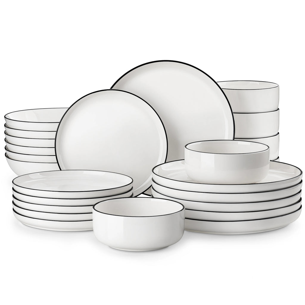 MALACASA 24/48Piece Ceramic Plates Black Rim Porcelain Dinnerware Set  6/12 Pcs Dinner/Soup/Dessert Plates/Bowl Service for 6/12