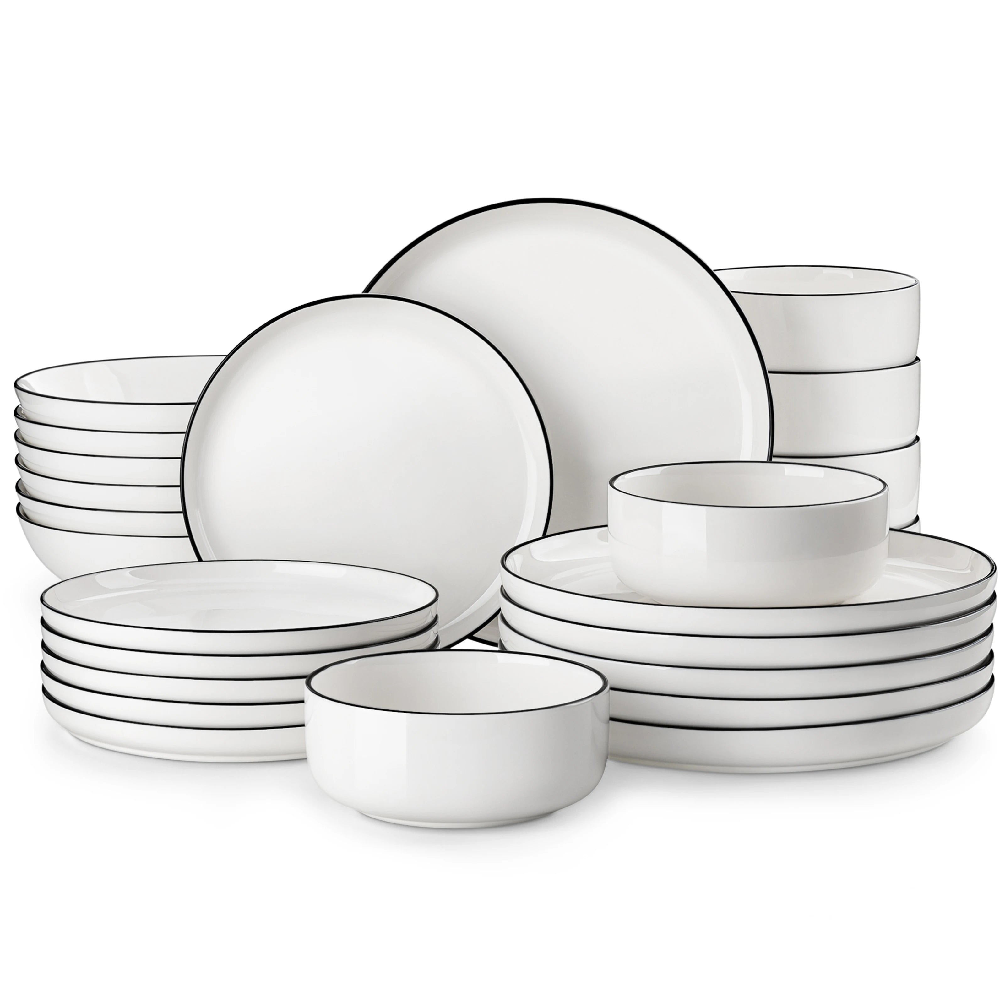 MALACASA 24/48Piece Ceramic Plates Black Rim Porcelain Dinnerware Set  6/12 Pcs Dinner/Soup/Dessert Plates/Bowl Service for 6/12
