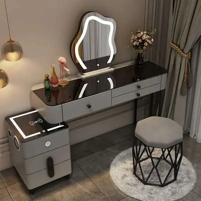 Luxury Glass Dressing Table with Smart Wireless Charging Bedroom Vanity Nightstand Makeup Table Drawers with Led Mirror Dresser