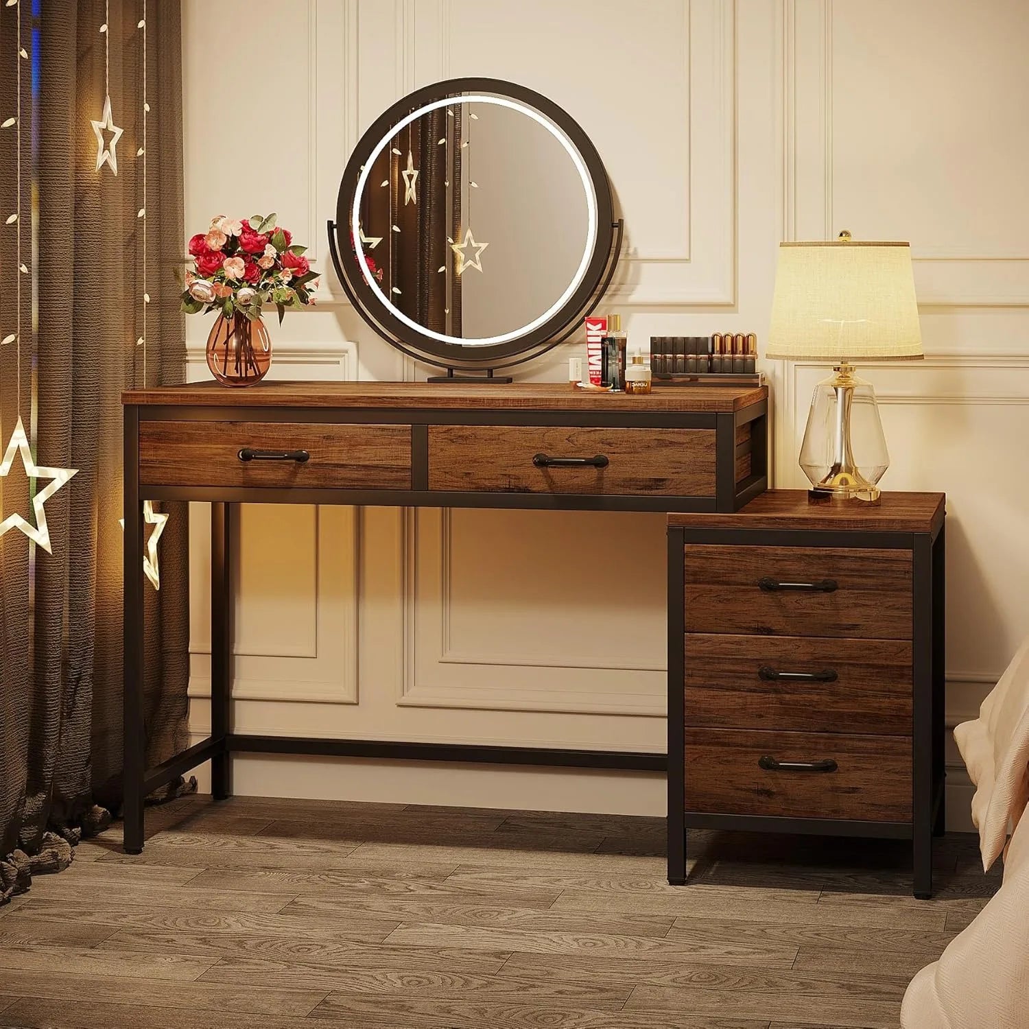 Vanity Desk with 5 Drawers, Makeup Vanity Table Dressing Table with Side 3-Drawer Chest for Women, Girls (Without Mirror)