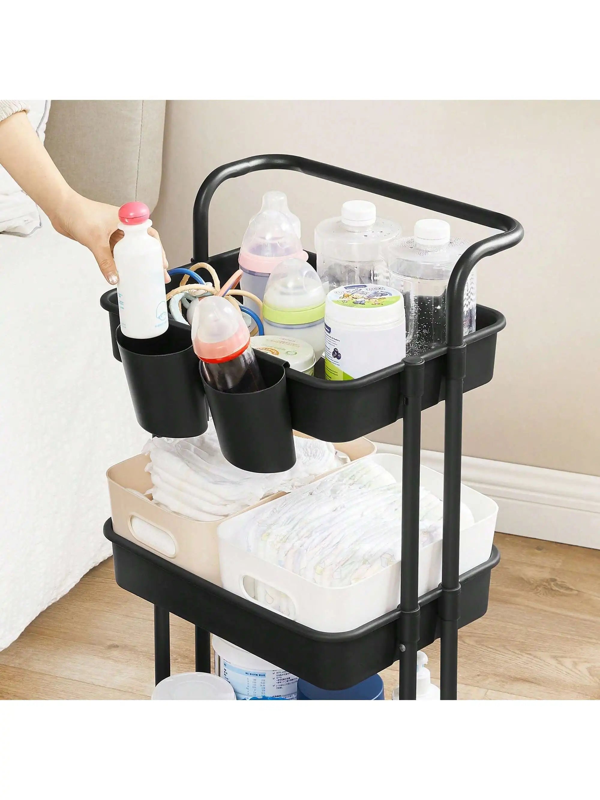 SONGMICS Rolling Cart, 3-Tier Storage Cart, Storage Trolley with Handle 2 Small Organizers, Steel Frame, Plastic Baskets