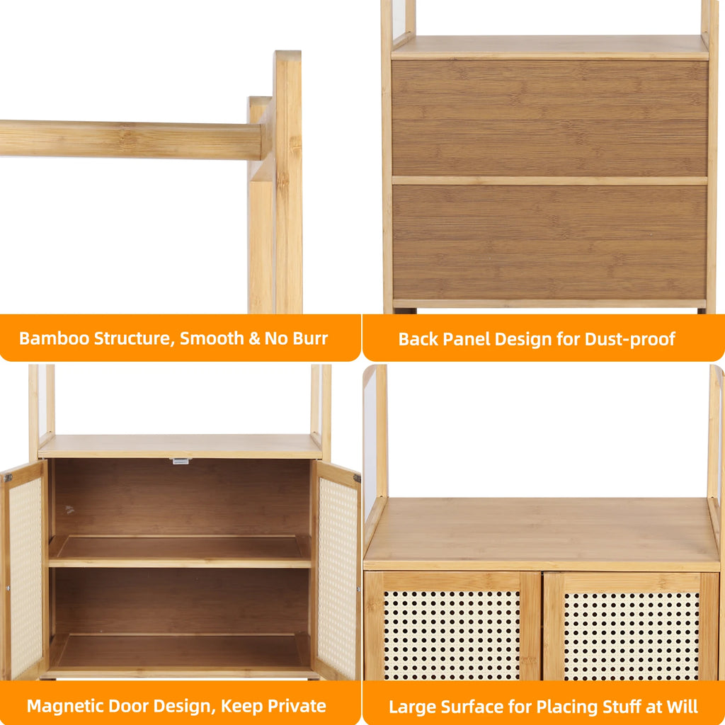 Clothes Stand with Cabinet Free-standing Bamboo Open Garment Rack with Storage Shelves Hanging Clothes Rack for Living Room
