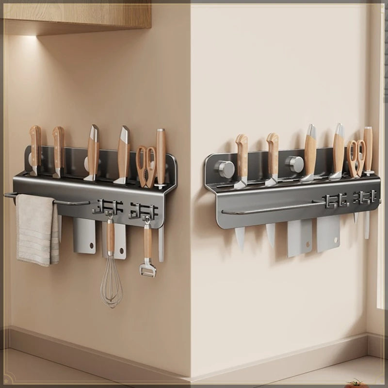 Suction Cup Kitchen Knife Rack Carbon Steel Wall Mount Punch Free Multifunctional Kitchen Rack Traceless Utensil Storage Rack