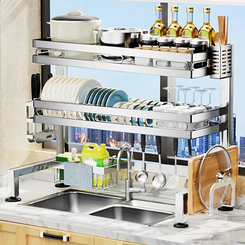 Kitchen Storage Rack Countertop Sink Shelf Bowl Draining Rack Multifunctional Dish Cutlery Knife Spoon Sink Rack Set Organizer