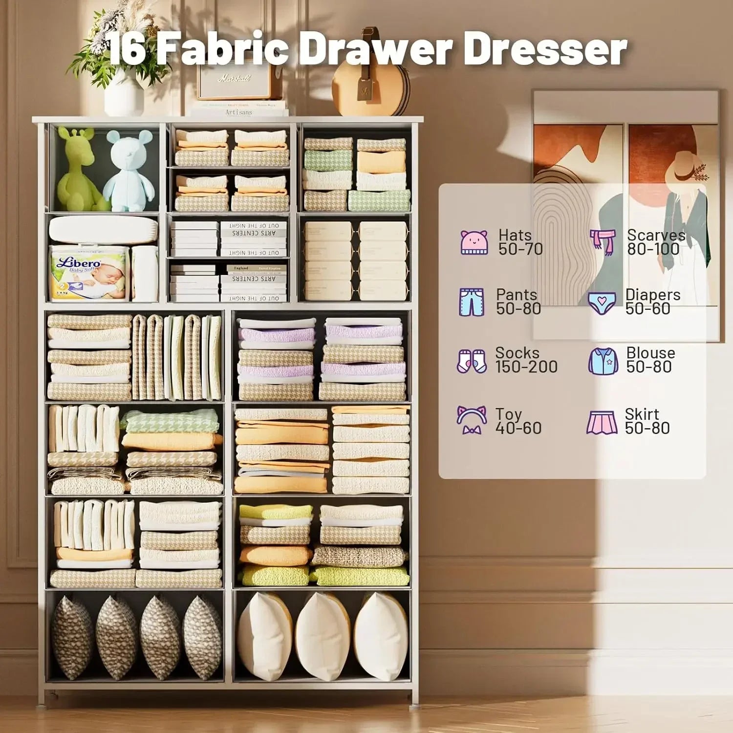 Tall Dresser for Bedroom,16 Drawer Dressers & Chests of Drawers, Fabric Bedroom Dresser with Wood Top, Metal Frame,Storage Tower