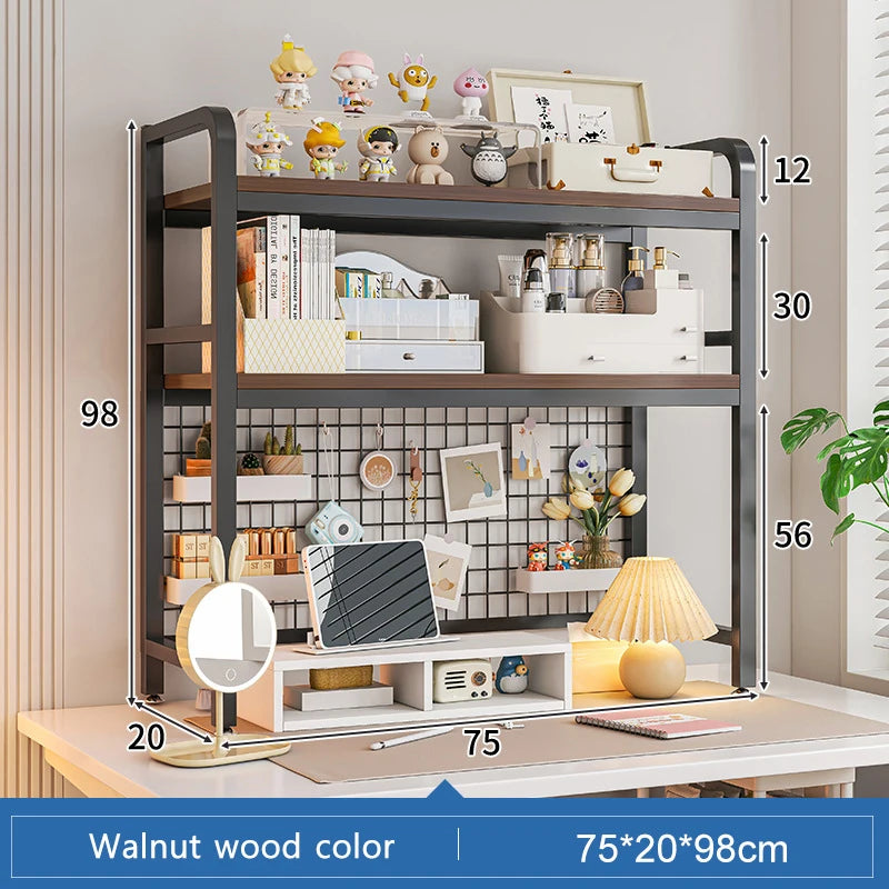 Bookshelf Bookcase With Grid Desktop Multi-layer Wrought Iron Shelf Student Computer Desk Table Hole Board Table Wooden Shelves