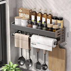 No Drill Kitchen Wall Mounted Spice Rack Space Saving Multifunctional Organizer with Hooks & Paper Towel Holder