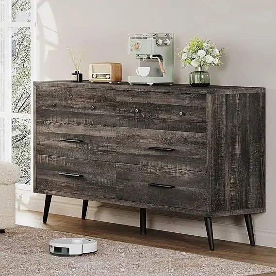 6-Drawer Dresser, Wood Storage Cabinet with Black Metal Handles & Anti-Tip Design, Modern Chest of Drawers for Living Room, Bed