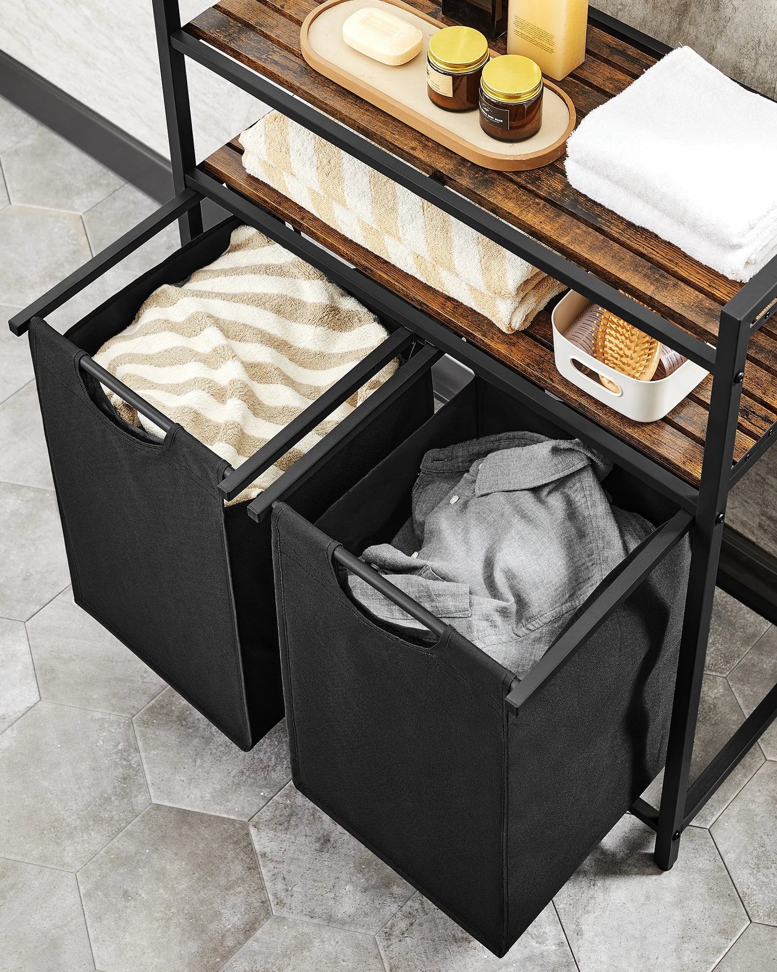 VASAGLE Laundry Basket, Laundry Hamper, Laundry Sorter with 2 Pull-Out and Removable Bags, 2 Shelves, 46L Capacity per Bag
