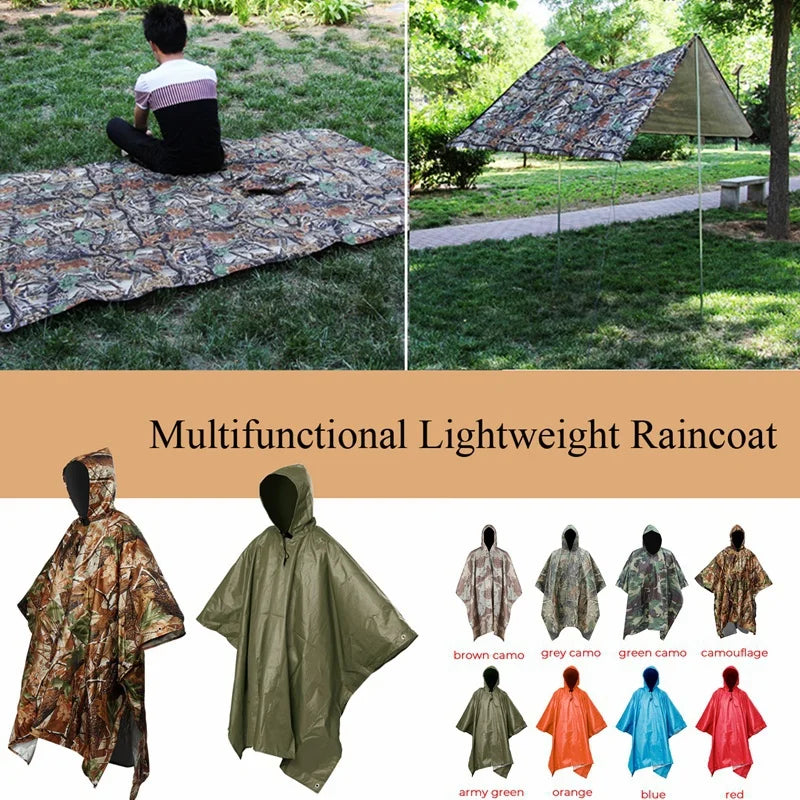 3-in-1 Multifunction Travel Waterproof Poncho Outdoors Rain Coat Shelter Camping Mat Backpack Cover Women Men Raincoat