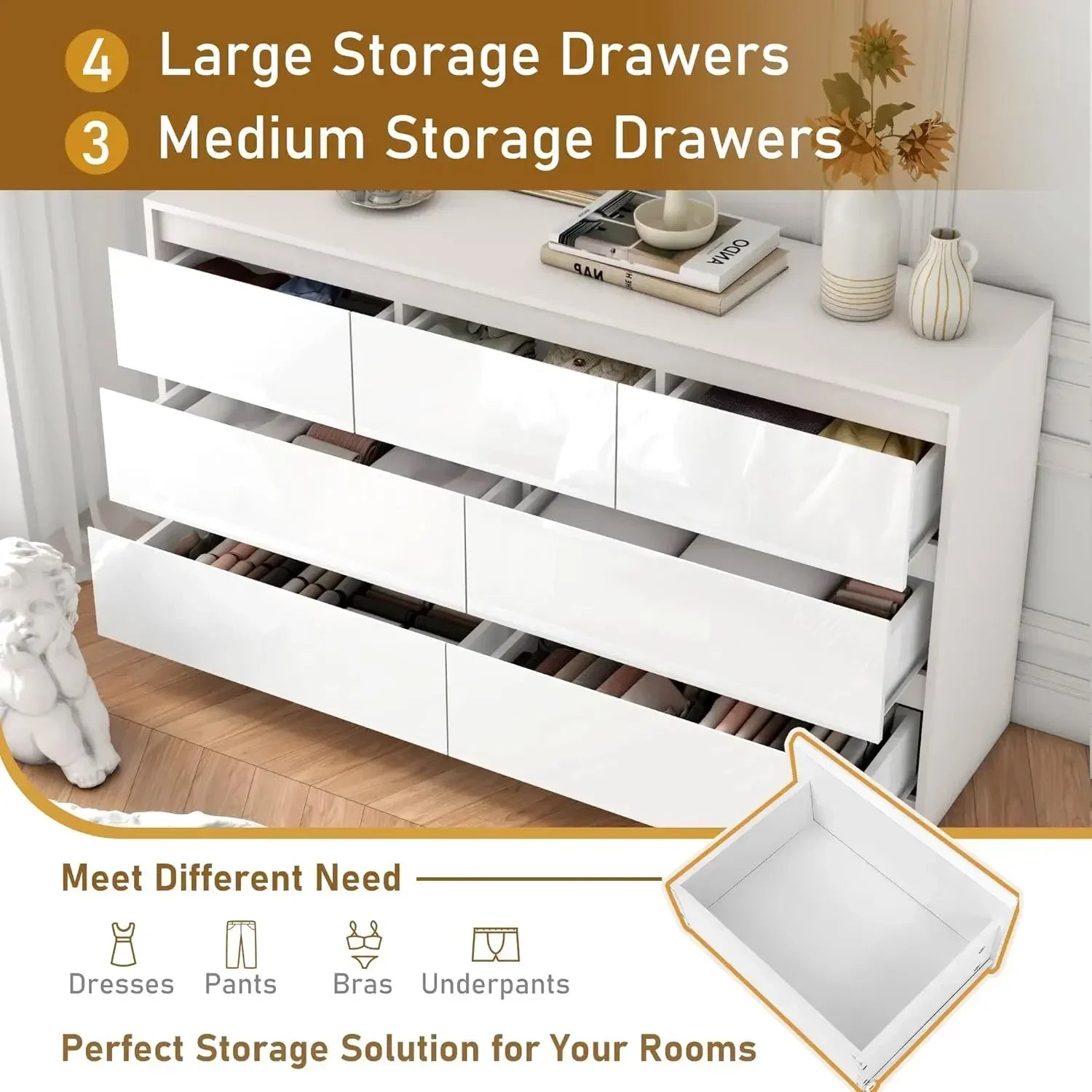White Malm Dresser for Bedroom, 55 Inch Long Dresser High Gloss Dresser with 7 Drawers, Modern Large Wood Chest , White