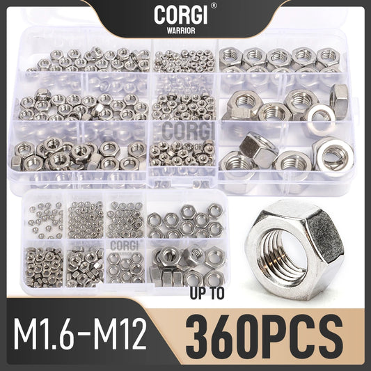 Metric Hex Nuts Assortment Kit 180-360 304 Stainless Steel M1.6 M2 M2.5 M3 M4 M5 M6 M8 M10 M12 Wholesale Assorted Hex Nuts Set