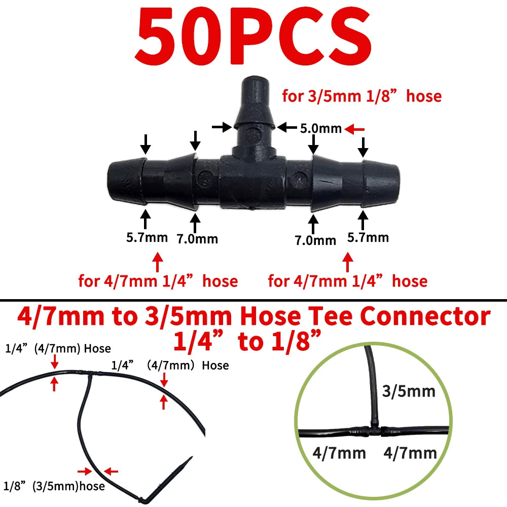 4/7mm Hose Dripper Water Tee Connector Plastic Barbed 1/4" Pipe Tubing Watering Coupling Joint Garden Micro Drip Irrigation Tool