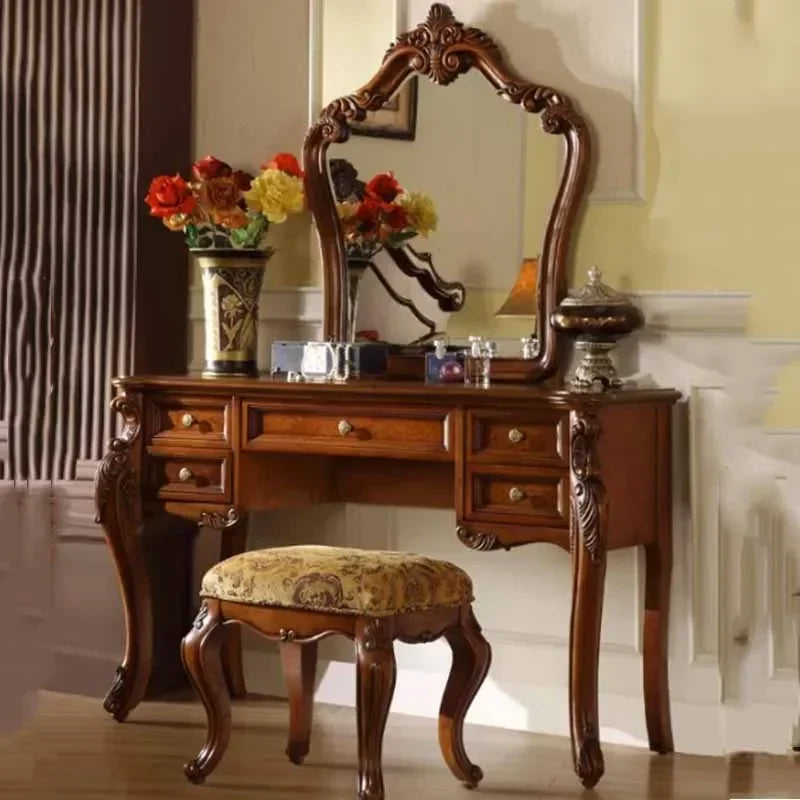 Salon Aesthetic Vanity Table Wood Large Brown Luxury Organizer Dresser Bedroom Drawer Beauty Makeup Penteadeira Trendy Furniture