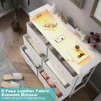 White Dresser For Bedroom With Charing Station And Led Light 6 Drawer Dresser With Pu Finish Fabric Chest Of Drawers For Closet