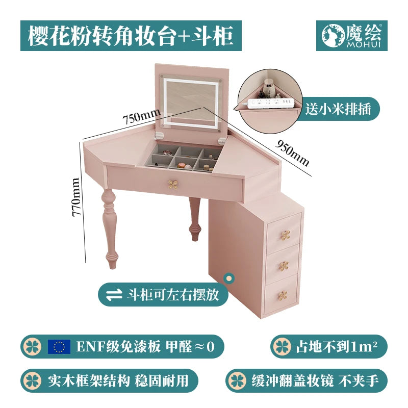Flip Lights Storage Vanity Table Mirror Drawers Woman Small Cabinet Bedroom Dressers Girl Makeup Pink Coiffeuse Furniture Home