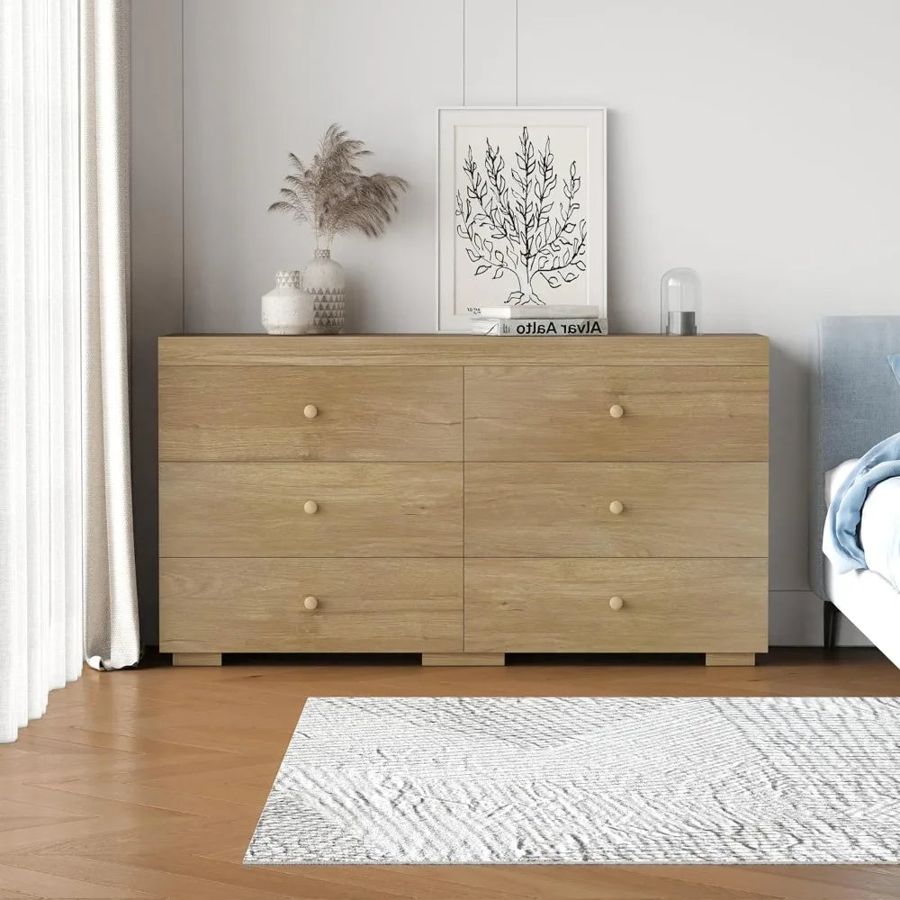 Dresser for Bedroom 6 Drawer Wood Dresser 58.3" Wide, Large Chest of Drawers for Bedroom, Living Room, Hallway, Entryway, Modern