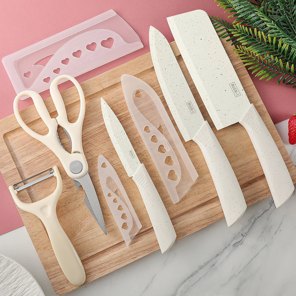 Five-piece beige stainless steel kitchen knife set, including a full set for kitchen, dormitory, household use, including a chef
